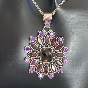 Doug Paulus Vintage Smoky Quartz , Garnet & Amethyst Sterling Pendant